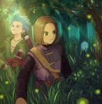  2boys belt blue_eyes blue_hair brown_belt brown_hair bush camus_(dq11) dagger dappled_sunlight dragon_quest dragon_quest_xi earrings fireflies foliage forest grass hero_(dq11) highres hoop_earrings jewelry knife light_rays long_sleeves male_focus multiple_boys nature necklace outdoors pikara spiky_hair sunlight sword sword_on_back tree weapon weapon_on_back 