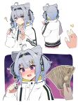  1girl ? @_@ ahoge bangs blush cone_hair_bun double_bun earphones earphones_removed english_commentary grey_hair hair_bun hair_ornament hairband highres holding holding_money jacket long_sleeves looking_at_viewer money nijisanji nijisanji_en open_mouth phone ribbon seion simple_background star_(symbol) star_hair_ornament violet_eyes virtual_youtuber white_background white_jacket zaion_lanza 