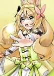  1girl bangs blonde_hair celine_(fire_emblem) crown dress fire_emblem fire_emblem_engage gau_fe green_dress green_eyes hair_between_eyes hair_ornament highres long_hair looking_at_viewer magic open_mouth outstretched_hand solo teeth upper_teeth_only very_long_hair yellow_background 