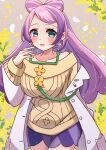  1girl blush coat collarbone commentary_request earrings eyelashes green_eyes hand_up highres jewelry kiliha0805 long_hair miriam_(pokemon) nail_polish off_shoulder open_clothes open_coat open_mouth pokemon pokemon_(game) pokemon_sv purple_hair purple_skirt skirt solo sweater yellow_nails yellow_sweater 