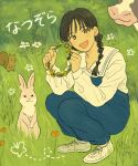  1girl black_hair blue_overalls blush braid cow flower grass head_wreath highres long_sleeves natsu_okuhara natsuzora open_mouth orange_flower outdoors overalls pikara rabbit solo squatting squirrel twin_braids white_flower white_footwear yellow_flower 