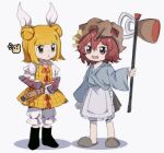  1girl 1other androgynous apron armor bambootea bangs black_footwear blonde_hair bloomers blue_shirt blunt_bangs boots brown_footwear brown_headwear brown_skirt crossover double_bun frilled_apron frills hair_between_eyes hair_bun hair_ribbon haniwa_(statue) helmet holding joutouguu_mayumi katano_sukune katano_sukune&#039;s_bottle_opener len&#039;en long_sleeves medium_hair open_mouth puffy_short_sleeves puffy_sleeves red_eyes red_ribbon redhead ribbon shirt short_hair short_sleeves simple_background skirt slippers smile stage_connection touhou trait_connection underwear white_apron white_background white_bloomers white_ribbon white_shirt yellow_eyes 