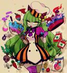  1girl apple bangs blood blood_bag bow bowl chef_hat cooking dress eyeball eyelashes flask food fruit frying_pan fujiwhite182 gem green_hair hat head_wings heart_(organ) highres holding holding_frying_pan holding_spatula horns horror_(theme) leaf long_hair mixing_bowl monster_girl mushroom organs original poison round-bottom_flask skull solo spatula stitched_arm stitched_leg stitches striped striped_dress tongue tongue_out vertical-striped_dress vertical_stripes very_long_hair vial whisk yellow_bow yellow_eyes zombie 
