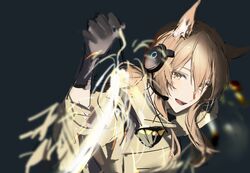  1girl absurdres animal_ears arknights bangs blonde_hair dark_background fireworks gloves hair_between_eyes headset highres holding_fireworks horse_ears horse_girl implied_extra_ears joshua_(shisanli934) long_hair looking_at_viewer nearl_(arknights) nearl_the_radiant_knight_(arknights) open_mouth simple_background smile solo sparkler upper_body yellow_eyes 