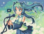  1girl aqua_eyes aqua_hair aqua_necktie black_sleeves blue_necktie blue_skirt bug butterfly commentary detached_sleeves english_commentary hatsune_miku heart holding holding_microphone_stand long_hair makorie microphone_stand necktie pixel_art pleated_skirt shirt skirt sleeveless sleeveless_shirt smile solo speech_bubble twintails vocaloid 