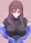  blush breasts glasses highres idolmaster idolmaster_cinderella_girls idolmaster_cinderella_girls_starlight_stage inou_hiroaki large_breasts long_hair redhead removing_jacket steaming_body sweat undressing yagami_makino 