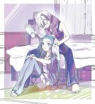  2girls androgynous aqua_eyes aqua_hair aqua_nails bed commentary curtains drying drying_hair flower_(vocaloid) flower_(vocaloid4) grin hair_dryer hands_on_own_knees hatsune_miku highres holding holding_hair_dryer indoors knees_up looking_at_another looking_down multicolored_hair multiple_girls nail_polish own_hands_together pants popopoponponpow purple_hair purple_nails purple_pants purple_shirt shirt short_hair shorts sitting sketch smile streaked_hair thigh-highs towel towel_around_neck vocaloid white_hair 