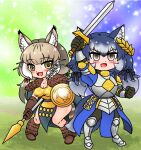  2girls animal_ears armor blue_hair cat_ears cat_girl cat_tail dire_wolf_(kemono_friends) edamamezooooo extra_ears green_eyes grey_eyes grey_hair hair_ornament jungle_cat_(kemono_friends) kemono_friends kemono_friends_v_project lance long_hair multiple_girls open_mouth parody polearm ribbon rise_of_kingdoms shield simple_background sword tail twintails virtual_youtuber weapon wolf_ears wolf_girl wolf_tail 