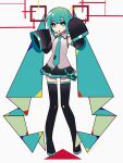  1girl :o aqua_eyes aqua_hair aqua_necktie bangs black_footwear black_skirt boots bright_pupils collared_shirt colored_shoe_soles commentary detached_sleeves full_body grey_shirt hair_ornament hands_up hatsune_miku headset lanyard long_hair long_sleeves looking_at_viewer miniskirt necktie pleated_skirt shirt simple_background skirt sleeveless sleeveless_shirt sleeves_past_fingers sleeves_past_wrists solo standing thigh_boots twintails very_long_hair vocaloid white_background white_pupils wokichi zettai_ryouiki 
