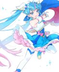  1girl absurdres ahoge blue_eyes blue_hair bow cape clenched_hand cure_sky detached_sleeves fingerless_gloves gloves gradient_hair hair_ornament highres hirogaru_sky!_precure long_hair looking_at_viewer magical_girl multicolored_hair open_mouth pink_bow pink_hair precure puffy_detached_sleeves puffy_sleeves semi_(amimin) simple_background single_sidelock smile solo sora_harewataru sparkle thigh-highs twintails two-sided_cape two-sided_fabric very_long_hair white_background white_gloves wing_hair_ornament 