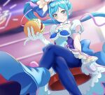  1girl absurdres apron blue_eyes blue_footwear blue_hair blue_pantyhose boots breasts brooch burger chair crossed_legs cure_spicy delicious_party_precure dress food fuwa_kokone gloves heart_brooch high_ponytail highres huge_bow jewelry looking_at_viewer magical_girl okayu_(joneydcd) pantyhose precure puffy_short_sleeves puffy_sleeves short_sleeves side_ponytail single_hair_ring sitting small_breasts smile solo thighband_pantyhose white_gloves 