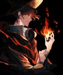  1boy absurdres amon_(lord_of_the_mysteries) angel bangs black_background black_eyes black_hair black_robe chinese_commentary commentary_request dark embers fire hand_on_own_wrist hand_up hat highres kagami-kun lord_of_the_mysteries medici_(lord_of_the_mysteries) monocle parted_lips robe shaded_face shirt simple_background smile teeth white_shirt wizard_hat 