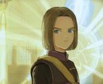  1boy belt blue_eyes brown_belt brown_hair dragon_quest dragon_quest_xi hero_(dq11) highres light light_rays long_sleeves looking_at_viewer magic male_focus parted_lips pikara pillar short_hair solo window 