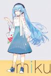  1girl absurdres aqua_eyes bangs blue_hair blue_skirt blush cross-laced_footwear hatsune_miku high-waist_skirt highres long_hair looking_at_viewer maple040 one_eye_closed open_clothes orange_socks parted_lips sidelocks skirt socks solo standing twintails vocaloid 