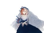  1girl absurdres alternate_costume blue_choker blue_flower blue_skirt bouquet choker closed_mouth cowboy_shot empty_eyes fate/grand_order fate_(series) flower fujimaru_ritsuka_(female) hair_between_eyes hair_flower hair_ornament highres holding holding_bouquet looking_at_viewer medium_hair off-shoulder_shirt off_shoulder orange_flower orange_hair shirt simple_background skirt sleeves_past_elbows solo sprinkle_star_(sa_xing) straight-on veil white_background white_shirt yellow_eyes 
