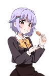  bangs blush bow brown_eyes crumbs dango eating food hair_flaps hair_ornament hairclip hatakenaka_(kamagabuchi) highres holding holding_food idolmaster koshimizu_sachiko purple_hair school_uniform short_hair simple_background skirt smile sweatdrop wagashi white_background yellow_bow 