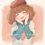  1girl bangs beret blue_skirt blush brown_hair closed_eyes dated hands_on_own_face happy happy_birthday hat highres medium_hair open_mouth pop&#039;n_music red_headwear red_wristband rie-chan shirt side127 skirt smile solo white_shirt wristband 