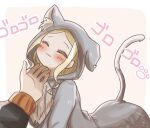  1boy 1girl alternate_costume alternate_hairstyle animal_ears animal_hood beatrice_(re:zero) blonde_hair blush cat_ears cat_hood cat_tail closed_eyes happy hood hoodie natsuki_subaru re:zero_kara_hajimeru_isekai_seikatsu sidelocks simple_background solo_focus tail yukiottoswen 