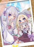  2girls animal_ears beatrice_(re:zero) blonde_hair blue_eyes bow cat_ears drill_hair emilia_(re:zero) gem grey_hair hair_ornament hair_ribbon long_hair looking_at_viewer monochrome multiple_girls one_eye_closed open_mouth picture_(object) re:zero_kara_hajimeru_isekai_seikatsu ribbon sidelocks sitting symbol-shaped_pupils twin_drills v violet_eyes yukiottoswen 