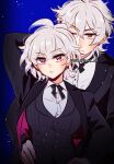  1boy 1girl aohitsugi_samatoki black_jacket blue_background breasts commentary dual_persona earrings genderswap genderswap_(mtf) gloves grey_hair hypnosis_mic jacket jewelry medium_breasts one_eye_closed red_eyes short_hair tianel_ent tuxedo twitter_username 