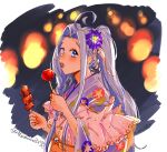  1girl absurdres ahoge blue_eyes blue_hair blush character_name eternalengawa festival flower food granblue_fantasy hair_flower hair_ornament highres holding holding_food japanese_clothes long_hair lyria_(granblue_fantasy) open_mouth purple_hair solo teeth upper_teeth_only 