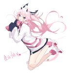  1girl :d absurdres animal_ears bare_legs blue_eyes cat_ears cat_girl cat_tail happy_birthday highres jumping long_hair long_sleeves looking_at_viewer open_mouth original pink_footwear pink_hair shirt shisantian sleeves_past_wrists smile solo tail very_long_hair white_background white_shirt 