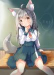  1girl absurdres ahoge animal_ear_fluff animal_ears bangs blue_skirt blush braid breasts brown_eyes brown_necktie cat_ears cat_girl cat_tail chalkboard closed_mouth collared_shirt commentary_request desk dress_shirt feet_out_of_frame grey_hair hair_between_eyes hand_up highres index_finger_raised indoors long_hair long_sleeves looking_at_viewer manabe_mana medium_breasts necktie on_desk original pleated_skirt puffy_long_sleeves puffy_sleeves school_uniform shirt short_necktie sitting sitting_on_desk skirt solo tail translation_request very_long_hair white_shirt 