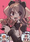  3girls absurdres animal_ears atlantic_puffin_(kemono_friends) bear_ears bear_girl bergman&#039;s_bear_(kemono_friends) bird_ears bird_girl bird_wings bow bowtie brown_eyes brown_hair dress elbow_gloves extra_ears food gloves highres kanmoku-san kemono_friends kemono_friends_3 long_hair multiple_girls open_mouth ribbon shirt simple_background skirt sleeveless sleeveless_shirt sweets tufted_puffin_(kemono_friends) wings 