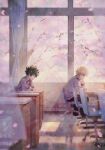  2boys bakugou_katsuki bangs black_pants blazer blurry blurry_foreground boku_no_hero_academia brown_footwear chair cherry_blossoms cherry_tree closed_mouth collared_shirt commentary_request curtains dated_commentary desk double_horizontal_stripe elbow_on_table elbow_rest falling_petals freckles from_side green_eyes green_hair hand_on_table head_down head_on_hand head_rest indoors jacket leaning_forward long_sleeves looking_at_another looking_down male_focus midoriya_izuku multiple_boys necktie office_chair on_chair pants partial_commentary perspective petals profile red_eyes red_necktie school_desk school_uniform shirt short_hair sitting spiky_hair swivel_chair tannoci tile_floor tiles u.a._school_uniform white_shirt wind window window_shade 