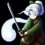  1girl alternate_costume alternate_hairstyle bangs blue_eyes bow commentary_request expressionless green_bow green_kimono hair_bow highres hitodama japanese_clothes katana kimono konpaku_youmu konpaku_youmu_(ghost) parted_bangs ponytail shirosato short_hair simple_background solo sword touhou weapon white_background white_hair 