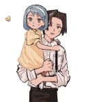  1boy 1girl ace_attorney aged_down alternate_costume blush brown_eyes brown_hair bug butterfly carrying carrying_person collared_shirt dress franziska_von_karma hair_intakes hairband hug long_sleeves miles_edgeworth open_mouth pants puffy_short_sleeves puffy_sleeves renshu_usodayo shirt short_hair short_sleeves simple_background suspenders white_background white_shirt yellow_dress 