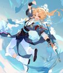  1boy androgynous armlet blonde_hair bracelet chinese_clothes clouds cloudy_sky highres holding holding_sword holding_weapon honkai:_star_rail honkai_(series) jewelry long_hair looking_at_viewer miemiebei open_mouth otoko_no_ko pants ponytail short_sleeves sky sword weapon white_footwear white_pants yanqing yellow_eyes 