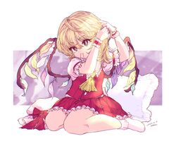  1girl ascot blonde_hair closed_mouth commentary dated flandre_scarlet frilled_shirt_collar frilled_skirt frills full_body hair_tie_in_mouth hamriku hands_up hat hat_removed headwear_removed highres leaf long_hair looking_at_viewer mouth_hold pillow red_eyes red_skirt red_vest shirt short_sleeves signature sitting skirt socks solo touhou tying_hair vest wariza white_headwear white_shirt white_socks wings wrist_cuffs yellow_ascot 