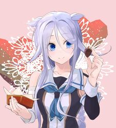  1girl absurdres bandaged_arm bandages blue_eyes blue_neckerchief box chocolate detached_sleeves food grey_hair hair_flaps highres holding holding_box holding_chocolate holding_food kantai_collection long_hair mole mole_under_eye neckerchief pierro_wpmp school_uniform serafuku single_sleeve smile solo umikaze_(kancolle) umikaze_kai_ni_(kancolle) upper_body very_long_hair 