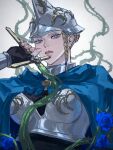  1girl armor black_clover blonde_hair blue_cape blue_eyes blue_flower blue_rose braid breastplate cape charlotte_roselei flower helmet holding holding_sword holding_weapon looking_at_viewer parted_lips rose side_braid solo sword tdgypm thorns weapon 