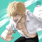  1boy artist_name bangs blonde_hair chainsaw_man denji_(chainsaw_man) highres looking_at_another open_clothes open_mouth open_shirt pull_cord seilo_art sharp_teeth short_hair simple_background sleeves_rolled_up smile solo teeth yellow_eyes 
