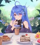  1girl alternate_costume alternate_hairstyle azur_lane bare_shoulders black_shirt blue_hair blue_nails blush bow cake casual day dress drinking drinking_straw english_commentary flower food gradient_hair hair_bow hair_ornament hairclip headgear heart heart_necklace helena_(azur_lane) highres jewelry kyl490 long_hair looking_at_viewer multicolored_hair nail_polish necklace off-shoulder_dress off-shoulder_shirt off_shoulder outdoors ponytail purple_dress purple_shirt shirt sleeveless sleeveless_shirt smile solo upper_body valentine very_long_hair violet_eyes white_bow 