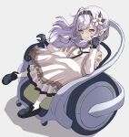  1girl black_gloves blue_archive closed_mouth commentary_request flower full_body gloves grey_background grey_hair hair_flower hair_ornament hair_tubes hairband himari_(blue_archive) loafers long_sleeves looking_at_viewer mole mole_under_eye pointy_ears powered_wheelchair she100legs shoes simple_background sitting smile solo striped striped_hairband violet_eyes wheelchair 