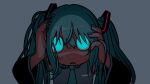  1girl aqua_eyes aqua_hair aqua_nails aqua_necktie bangs black_sleeves collared_shirt commentary dark detached_sleeves explosion_psycho frown glowing glowing_eyes grey_background hair_ornament hair_over_eyes hands_in_hair hands_on_own_face hatsune_miku highres long_hair looking_at_viewer messy_hair microphone necktie open_mouth shirt simple_background sleeveless sleeveless_shirt solo sweat twintails upper_body vocaloid wide-eyed wide_sleeves 