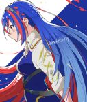  1girl alear_(female)_(fire_emblem) alear_(fire_emblem) bangs blue_background blue_hair braid breasts crossed_bangs crown_braid eyelashes fire_emblem fire_emblem_engage from_side long_hair makoto_139 medium_breasts multicolored_hair red_eyes redhead solo split-color_hair streaked_hair tiara twitter_username two-tone_background two-tone_hair very_long_hair white_background 