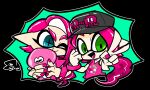  2girls animal baseball_cap black_headwear blue_eyes cross-shaped_pupils green_eyes hat highres holding holding_animal inkling multiple_girls nail_polish octoling one_eye_closed open_mouth pink_hair pink_nails pink_shirt pointy_ears shirt smile splatoon_(series) splatoon_2 suyasuyasue symbol-shaped_pupils t-shirt tentacle_hair v wristband 