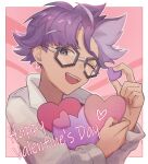  1boy ;d bangs border commentary_request glasses grey_eyes happy_valentine heart highres holding jacq_(pokemon) looking_at_viewer male_focus one_eye_closed open_mouth outline outside_border pokemon pokemon_(game) pokemon_sv purple_hair short_hair sioinari_03 smile solo teeth upper_body upper_teeth_only valentine white_border 
