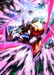  armor claws digimon digimon_(creature) fighting flying green_eyes highres horns mecha muscular nomigid redhead robot shoulder_armor tail wargreymon wings 