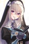  1girl :d bangs black_gloves blue_archive book gloves grey_hair highres holding holding_book justina_follower_(blue_archive) kama_sutra_(book) long_hair nun open_book open_mouth primamiya sakurako_(blue_archive) sidelocks simple_background smile solo violet_eyes white_background 