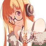  1girl bare_shoulders black-framed_eyewear blush closed_mouth collarbone commentary_request dated fur-trimmed_jacket fur_trim glasses green_jacket happy_birthday head_tilt headphones highres jacket long_hair looking_at_viewer open_clothes open_jacket orange_hair persona persona_5 sakura_futaba simple_background smile solo straight_hair tsubsa_syaoin violet_eyes white_background 