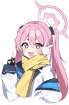  +_+ 1girl black_gloves blue_archive fang fingerless_gloves gloves hair_between_eyes halo highres jacket koyuki_(blue_archive) long_sleeves murase48 open_mouth pink_eyes pink_hair scarf simple_background skin_fang solo twintails v white_background white_jacket yellow_scarf 