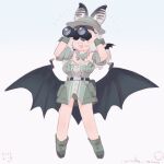  1girl animal_ears bare_shoulders bat_ears bat_girl bat_wings belt binoculars boots bow bowtie brown_hair brown_long-eared_bat_(kemono_friends) extra_ears grey_hair hat highres inada_roku kemono_friends kemono_friends_v_project leotard long_hair open_mouth simple_background skirt sky solo virtual_youtuber wings 