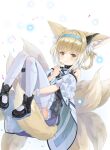 1girl absurdres animal_ears arknights bangs blunt_bangs bow-shaped_hair braid commentary_request detached_sleeves fox_ears fox_girl fox_tail green_eyes hair_between_eyes highres hugging_own_legs knees_together_feet_apart knees_up kyuubi light_brown_hair long_hair looking_at_viewer multiple_tails petals sidelocks smile solo suzuran_(arknights) tail thigh-highs white_background white_thighhighs wide_sleeves xiao_xiao_tian 