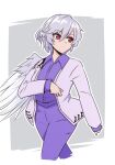  1girl adapted_costume bangs border braid collared_shirt cowboy_shot feathered_wings french_braid grey_background jacket kishin_sagume looking_to_the_side open_clothes open_jacket outline pants purple_pants purple_shirt red_eyes shio_(futatsumami) shirt short_hair simple_background single_wing solo touhou walking white_border white_hair white_jacket white_outline white_wings wings 