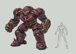  1boy artist_name blue_eyes grey_background highres hulkbuster iron_man iron_man_(series) jong_hwan korean_commentary leaning_forward marvel mecha open_hands power_armor robot science_fiction size_comparison 